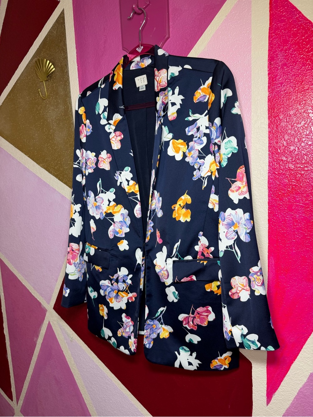 And The Why Navy Floral Satin Open Front Blazer Jacket Multicolor Print Size S - Picture 3 of 8